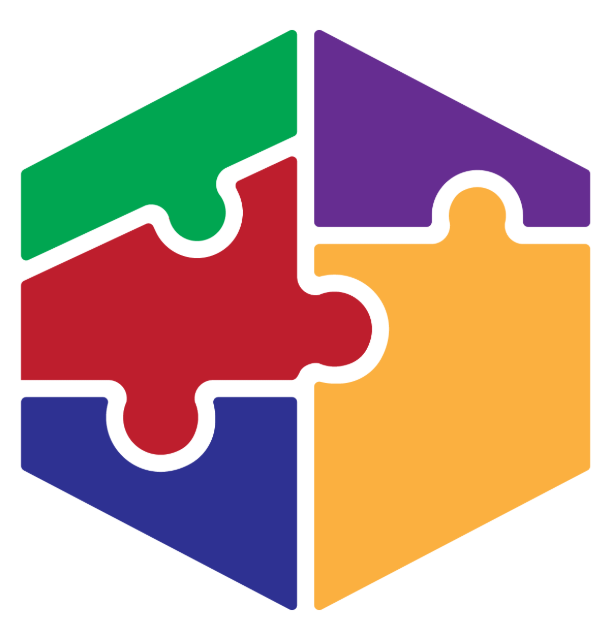 Heksagon logo Lintas Bumi Edukasi yang tersusun dari lima keping puzzle: hijau, ungu, merah, kuning, dan biru
